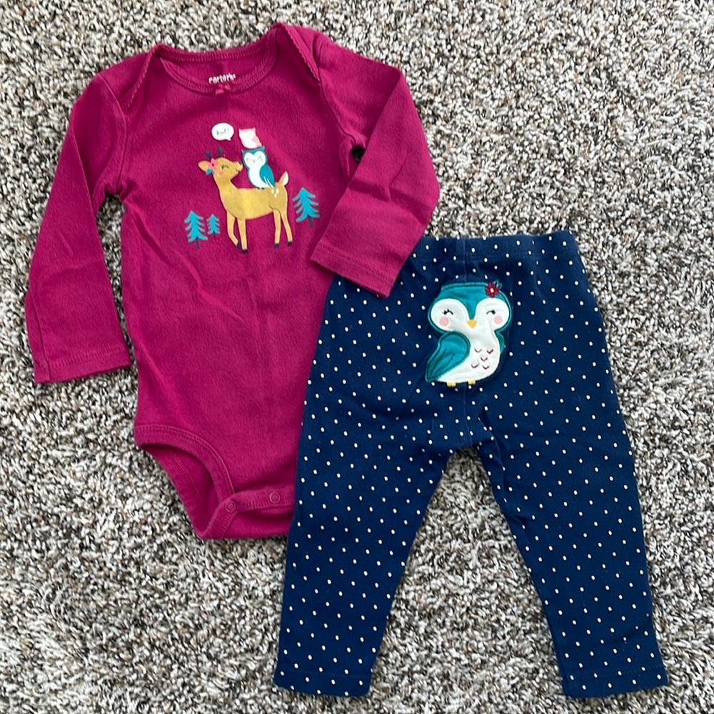 12M✨Carter’s Owl and Deer Onesie & Leggings Matching Set